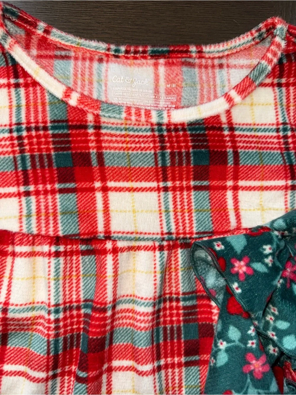 2 Cat & Jack Girl Long Sleeve Holiday Pajama Gowns Red Plaid & Green Floral Sz8